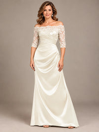 Satin Mother of the Bride Dress with Lace Sleeves Off Shoulder Formal Gown