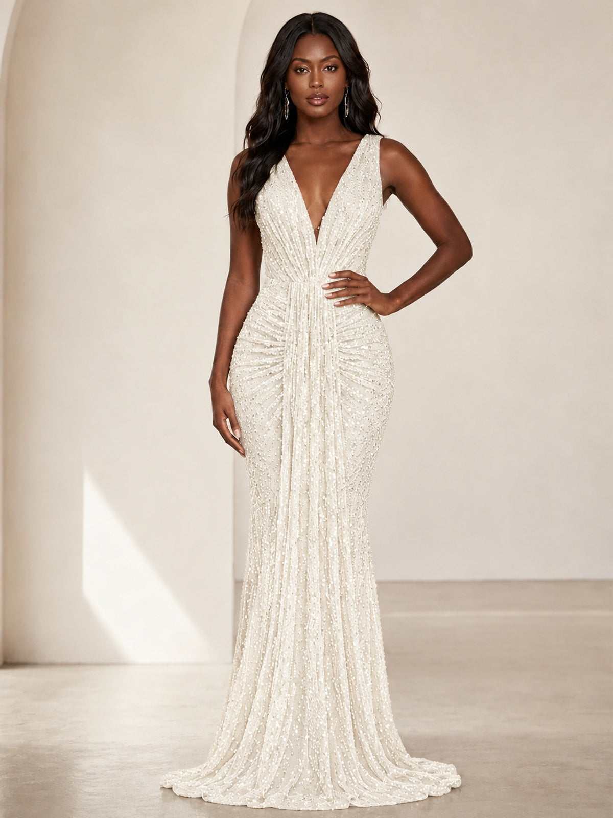 Sequin Mermaid Prom Dress with V-Neck and Ruched Waist