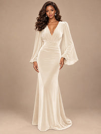 Burgundy Velvet Deep V-Neck Ruched Long Sleeve Maxi Dress