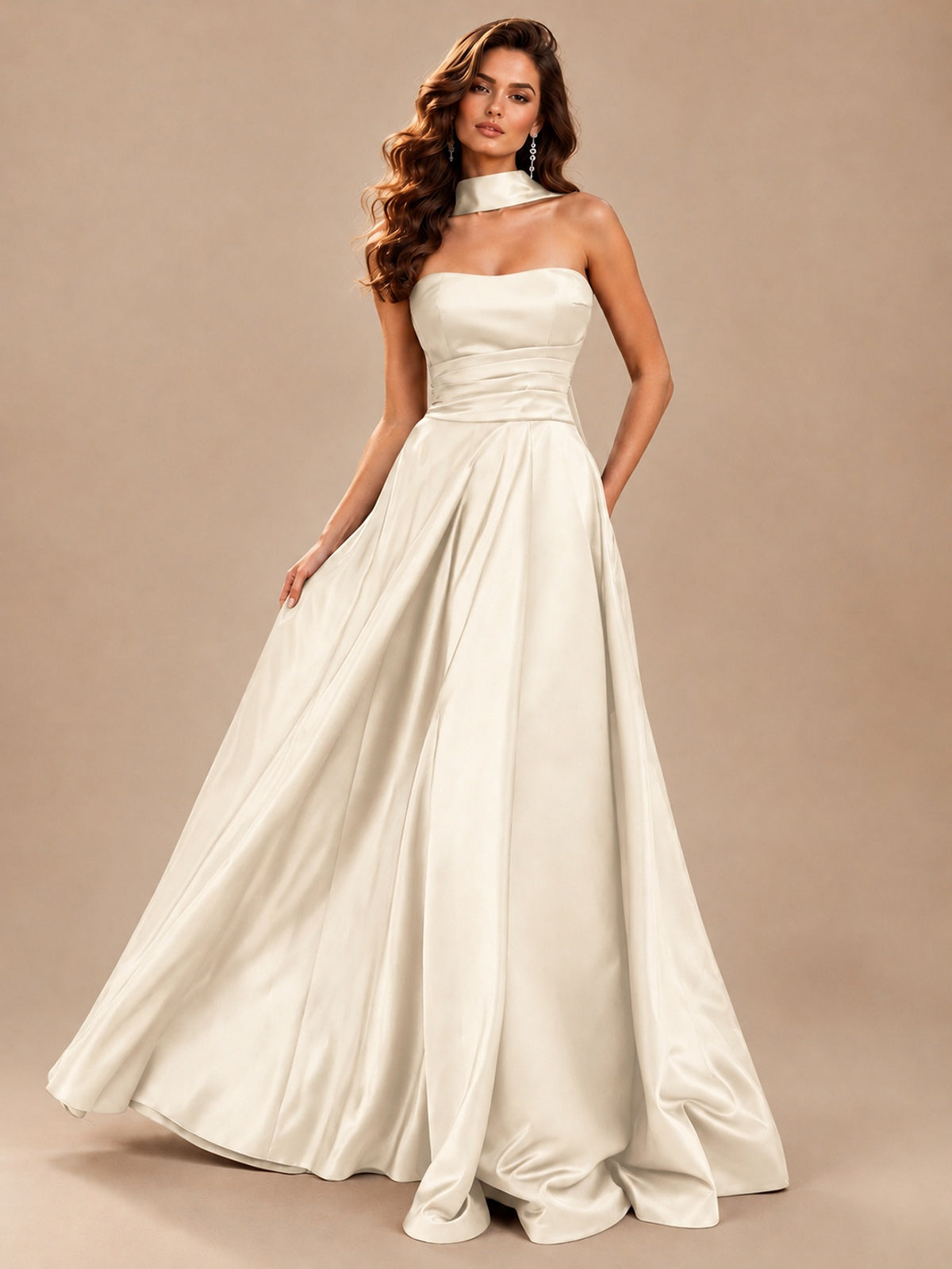 Strapless Prom Dress Side High Slit A-line Formal Dress with Scarf