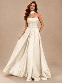 Strapless Prom Dress Side High Slit A-line Formal Dress with Scarf