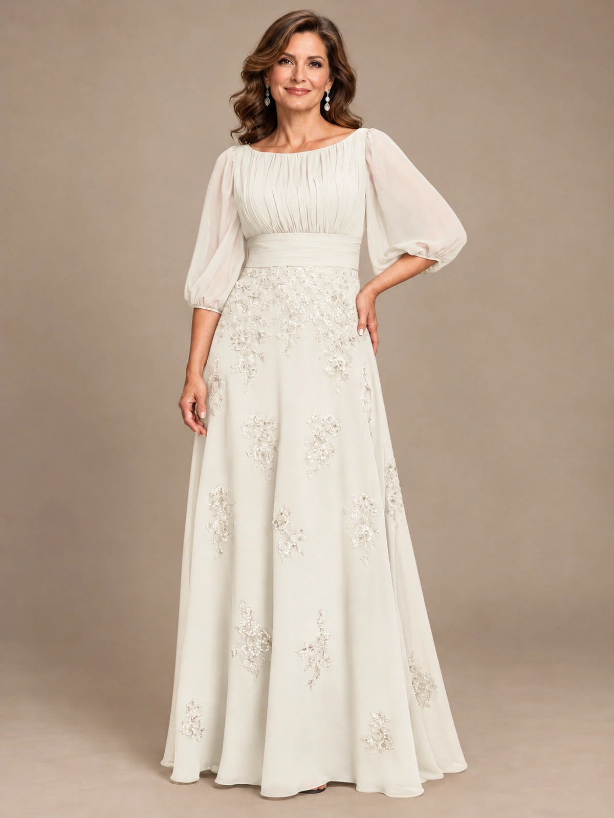 A-Line Mother of the Bride Dress with Sheer Puff Sleeves