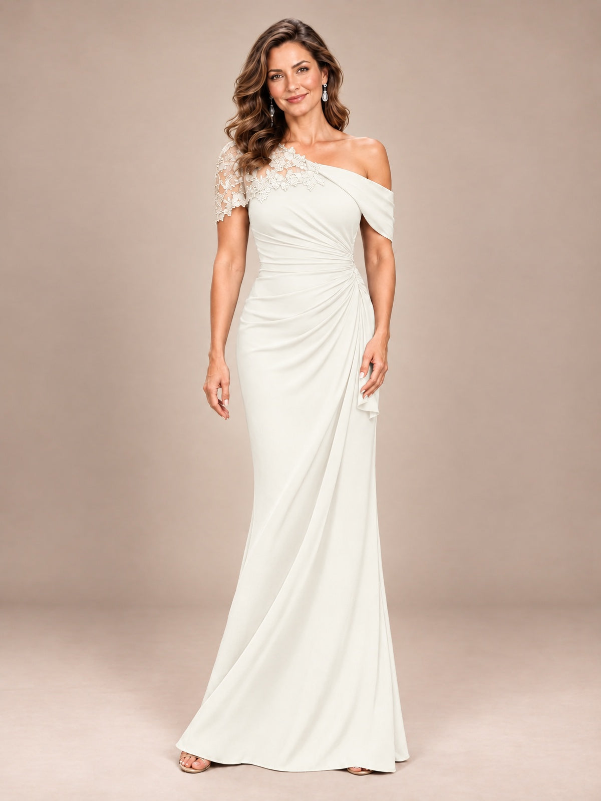 Ivory-Lace One Shoulder Chiffon Ruched Mother of The Bride Dresses