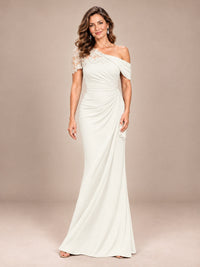 Ivory-Lace One Shoulder Chiffon Ruched Mother of The Bride Dresses