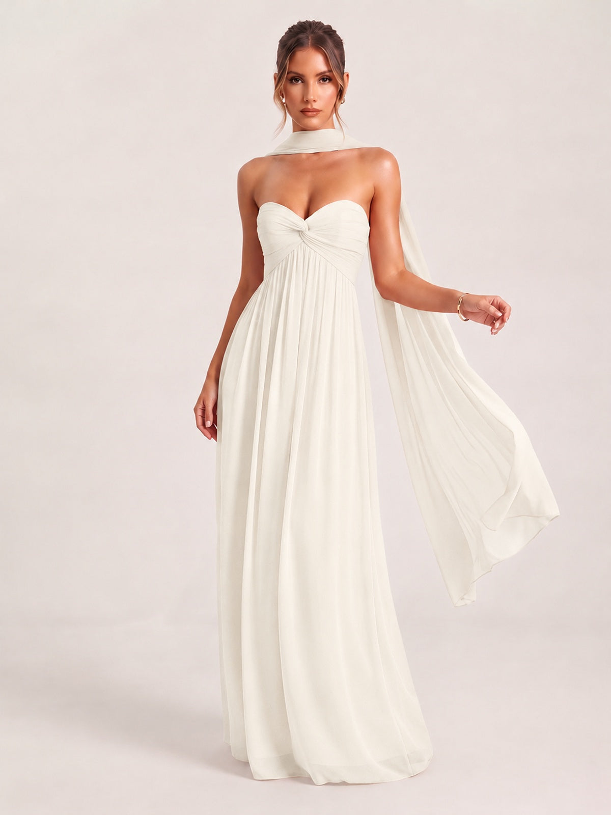 Ivory Strapless Ruched Chiffon Long Prom Dress with Scarf A-line Sweetheart Ruffled Formal Wedding Guest Dress Evening Gown