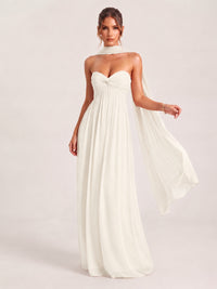 Ivory Strapless Ruched Chiffon Long Prom Dress with Scarf A-line Sweetheart Ruffled Formal Wedding Guest Dress Evening Gown