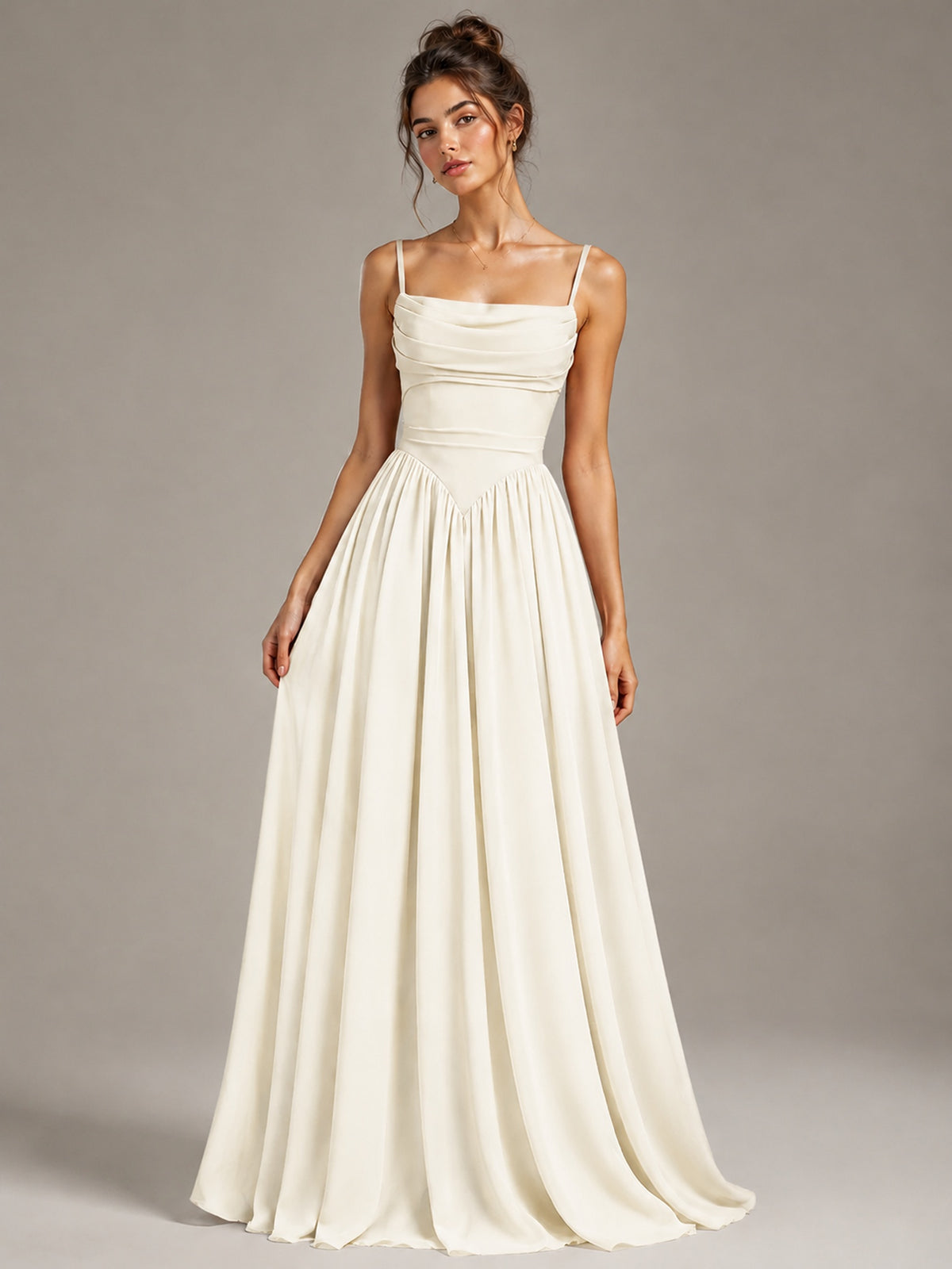 Spaghetti Strap Ruched Chiffon Maxi Dress with Backless