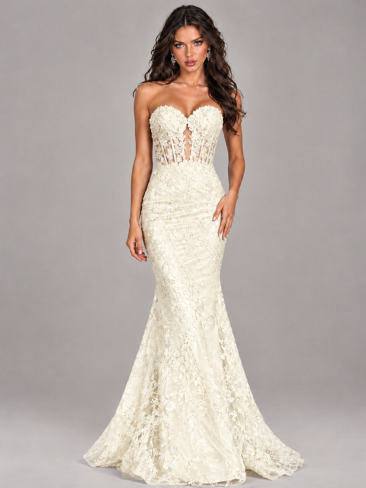 Strapless Corset Mermaid Prom Dress Lace Appliqué Formal Gown