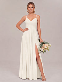 Ivory Spaghetti Straps Pleated Chiffon Bridesmaid Dress with Slit V-Neck A-line Long Formal Evening Wedding Guest Gown
