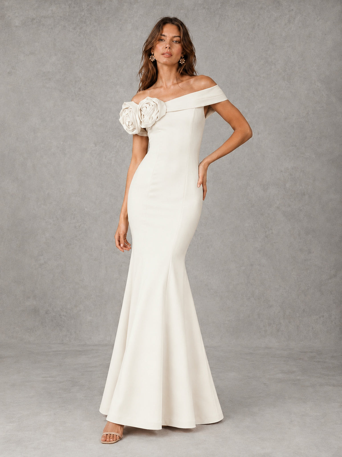 Blush Pink Off Shoulder Mermaid Bridesmaid Dress with Floral Rosette