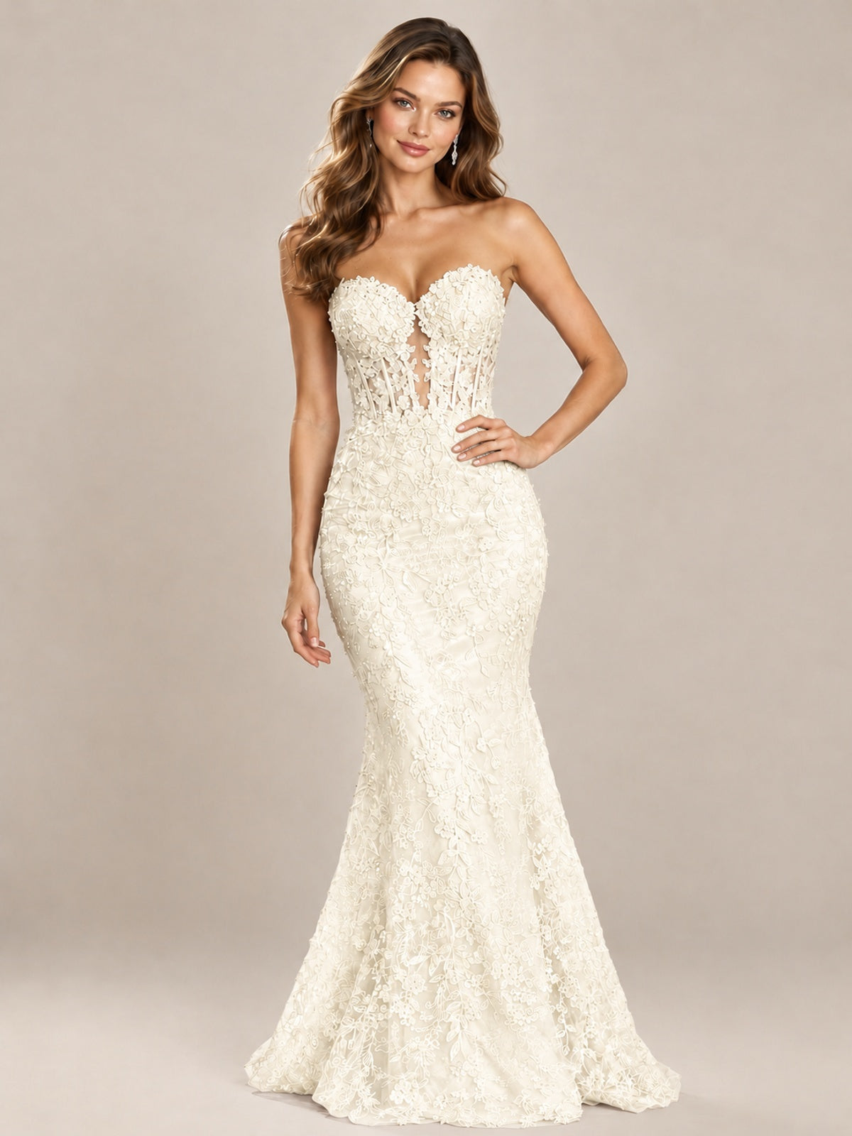 Strapless Corset Mermaid Prom Dress with Floral Lace Appliqué