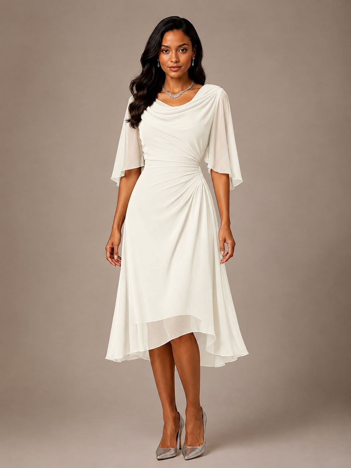 Cowl Neck Ruched Chiffon Mother of the Bride Dresses with Flutter Sleeves