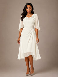 Cowl Neck Ruched Chiffon Mother of the Bride Dresses with Flutter Sleeves