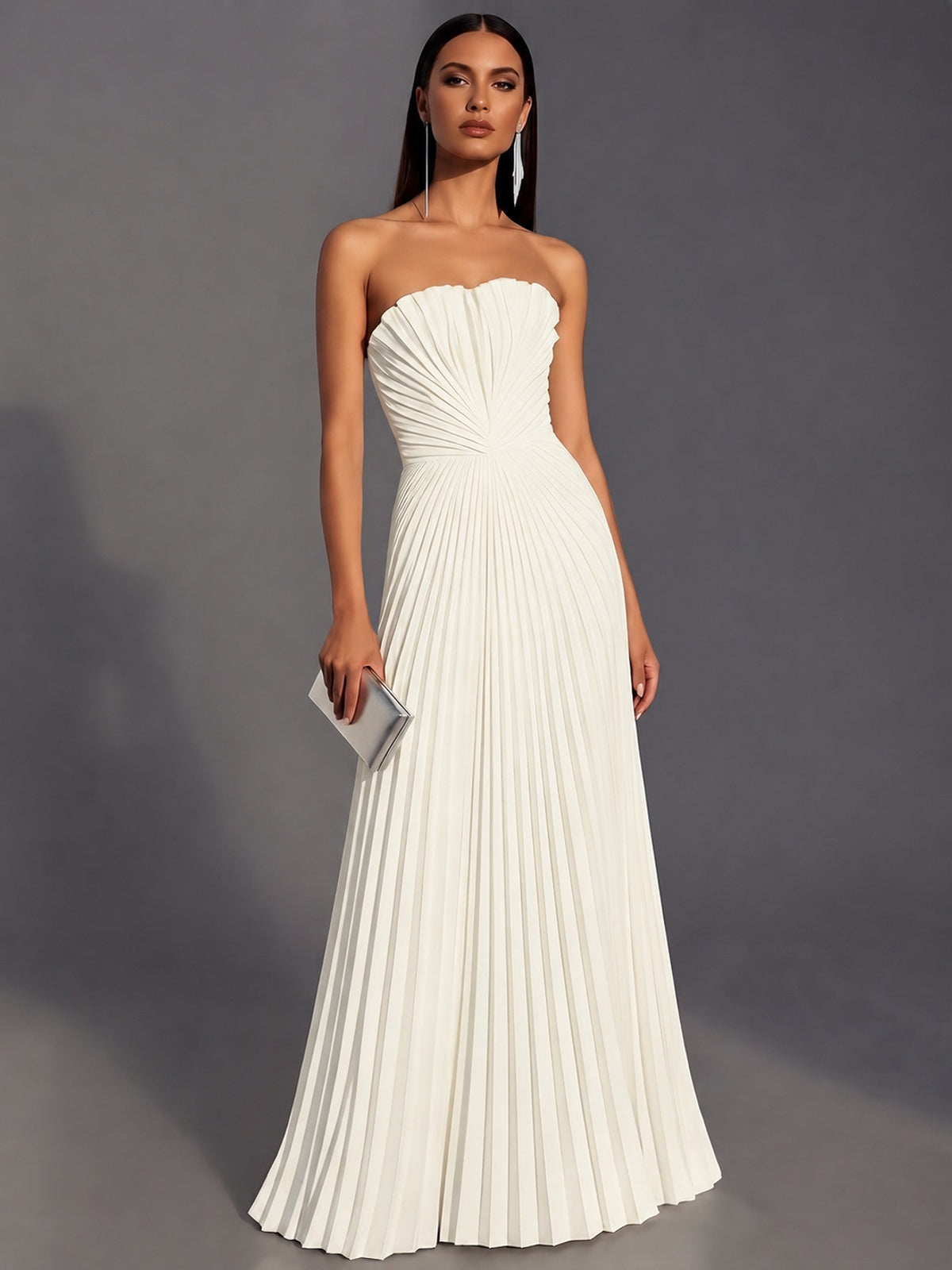 Ivory Strapless Pleated Satin Prom Dress Long Formal Gown Evening Dress