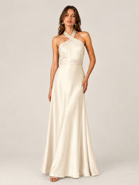 Sage Green Satin A-Line Bridesmaid Dress with Halter Neck