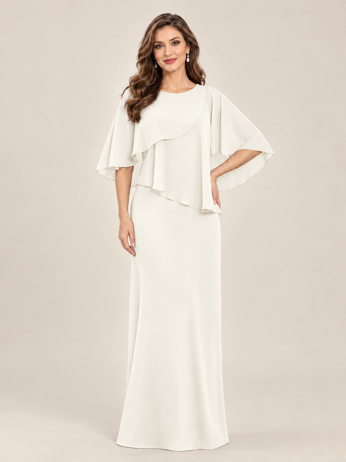 Ivory-Chiffon 2 Piece A Line Mother of The Bride Dresses with Cape
