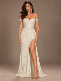 Off the Shoulder Corset Sequin Mermaid Prom Dress with Slit
