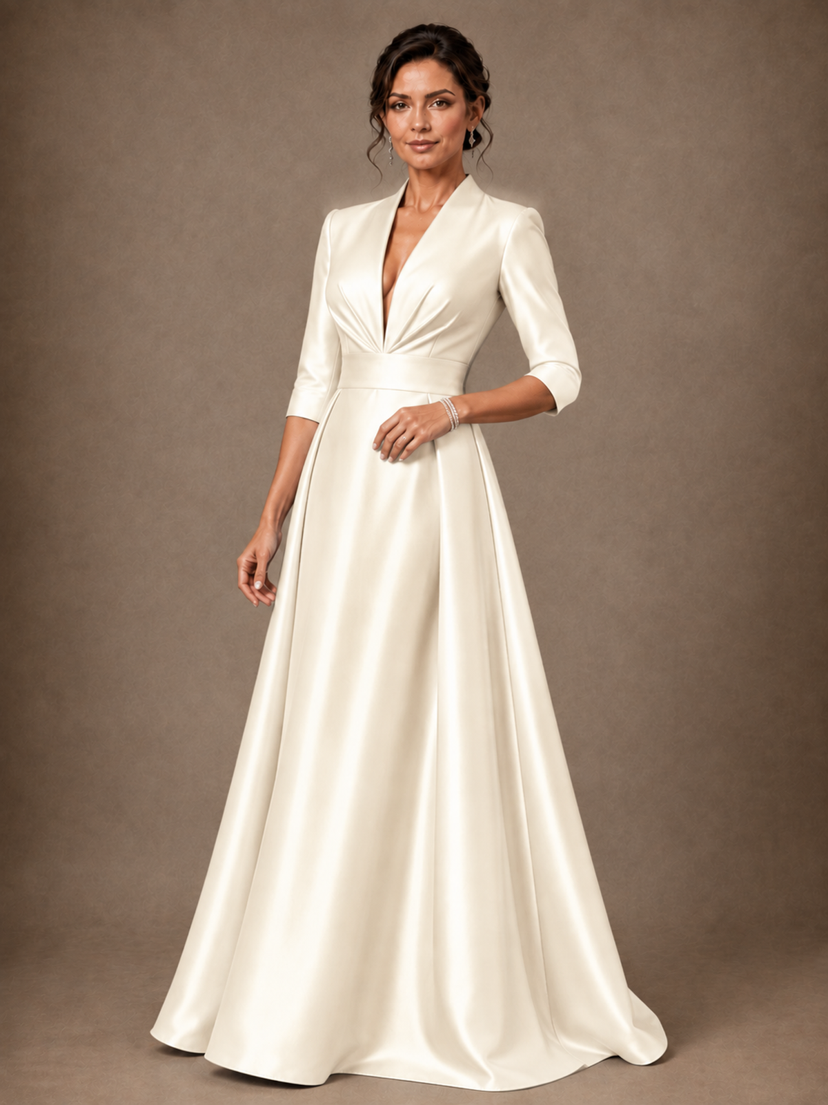 V-Neck Pleated Satin Mother of the Bride Gown with 3/4 Sleeves