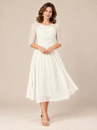 Ivory-Lace Applique Pleated Tea Length Mother of The Bride Dresses