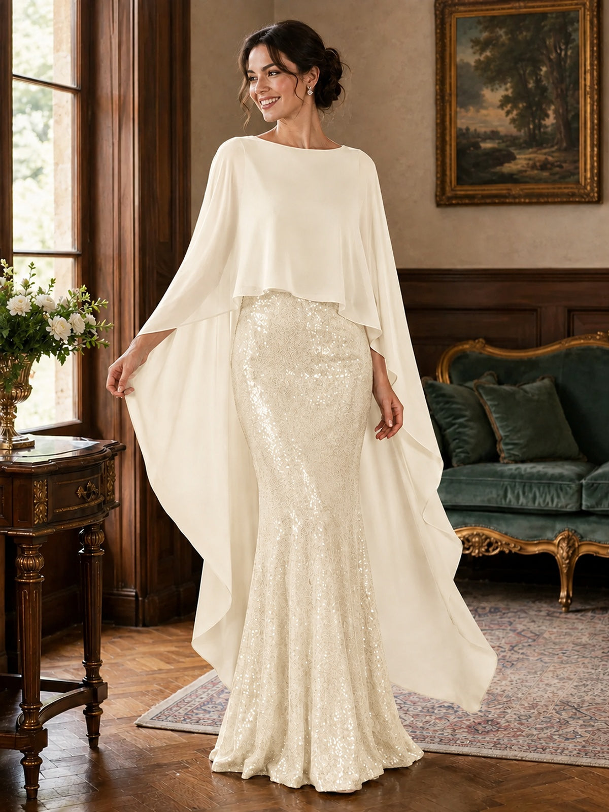 Sequin 2 Pieces Mother of the Bride Dress with Cap Sleeves Chiffon Formal Gowns