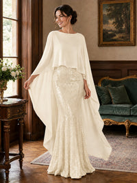Sequin 2 Pieces Mother of the Bride Dress with Cap Sleeves Chiffon Formal Gowns
