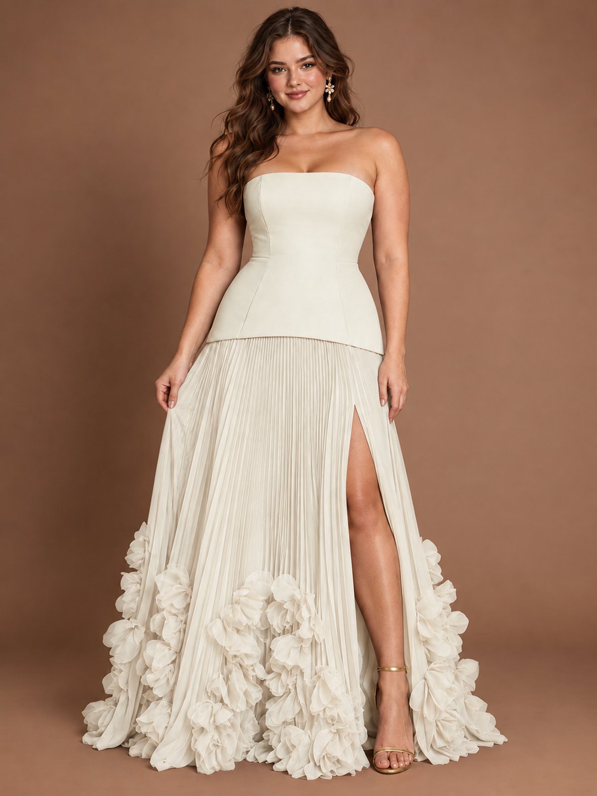 Strapless Pleated Floral Satin Formal Dress with Side Slit