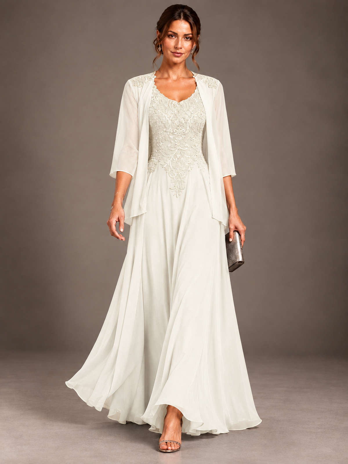 A-line 2 Pieces Chiffon Appliques Mother of The Bride Dresses with Jackets