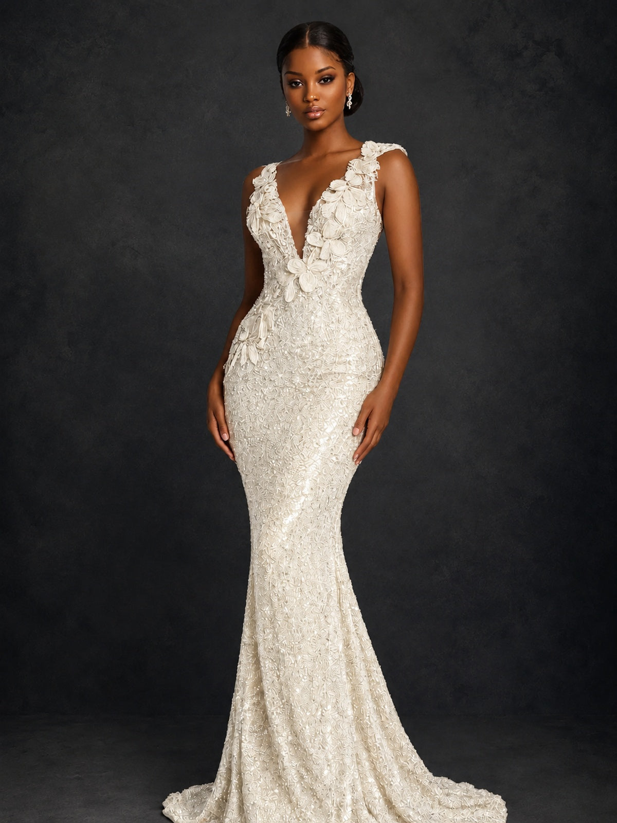 Gold Sequin Floral Applique Mermaid Prom Dress