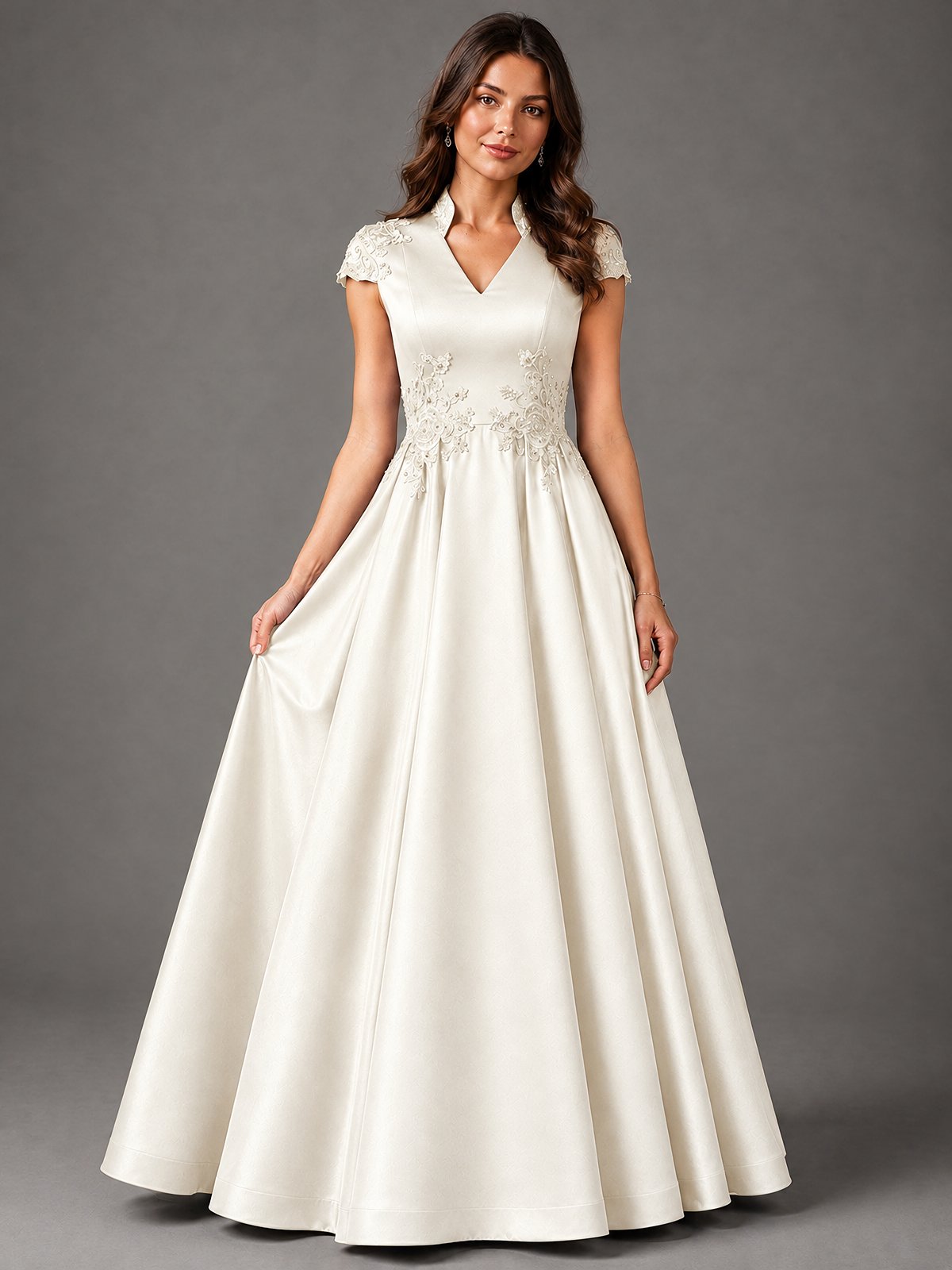 Lace Appliqué A-Line Satin Maxi Dress