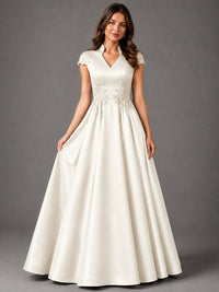 Lace Appliqué A-Line Satin Maxi Dress