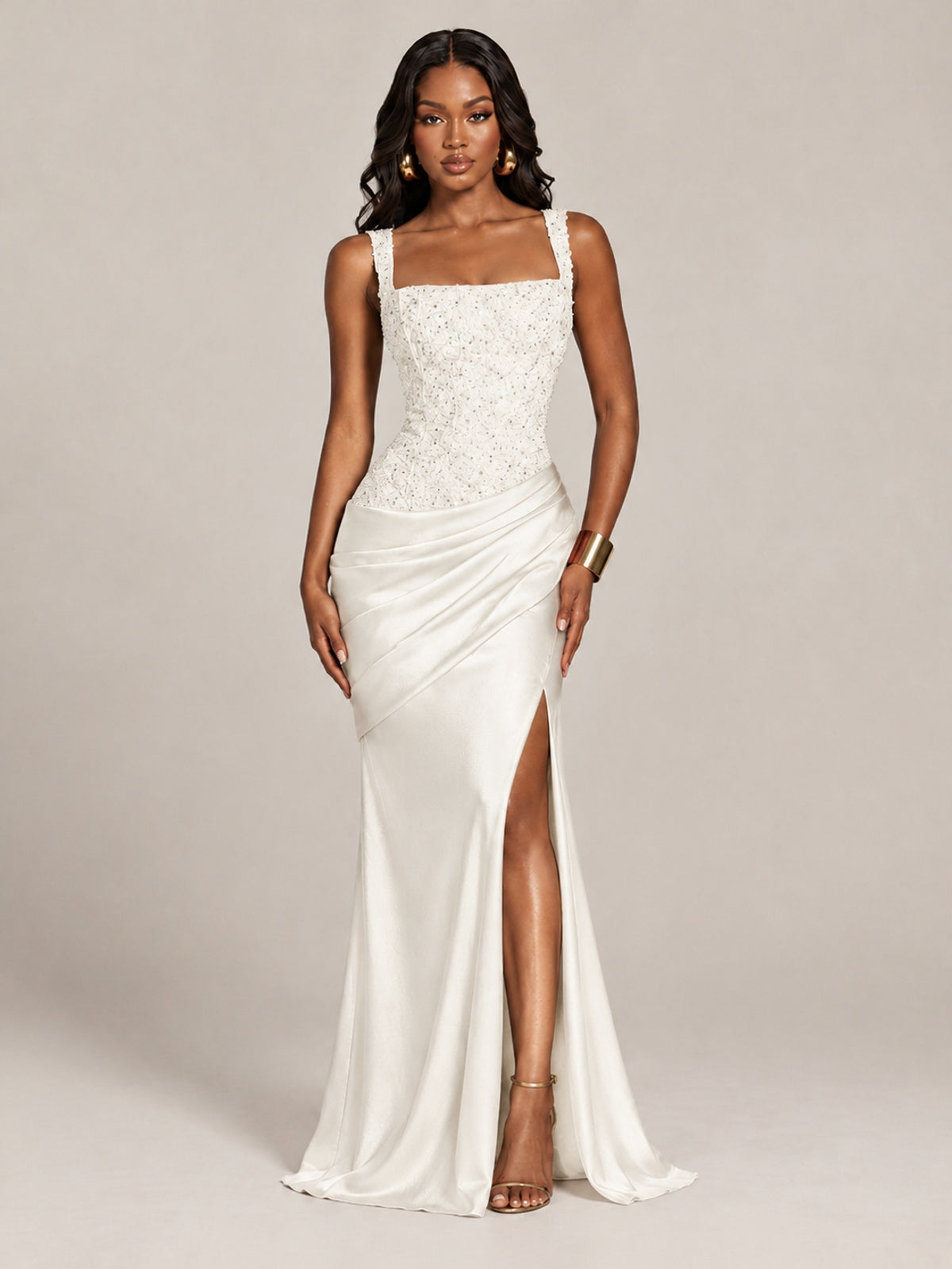 Scoop Neck Sequin Prom Dress with High Slit Satin Formal Gowns