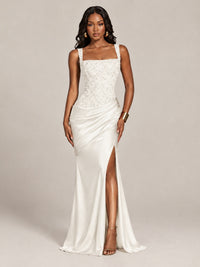 Scoop Neck Sequin Prom Dress with High Slit Satin Formal Gowns