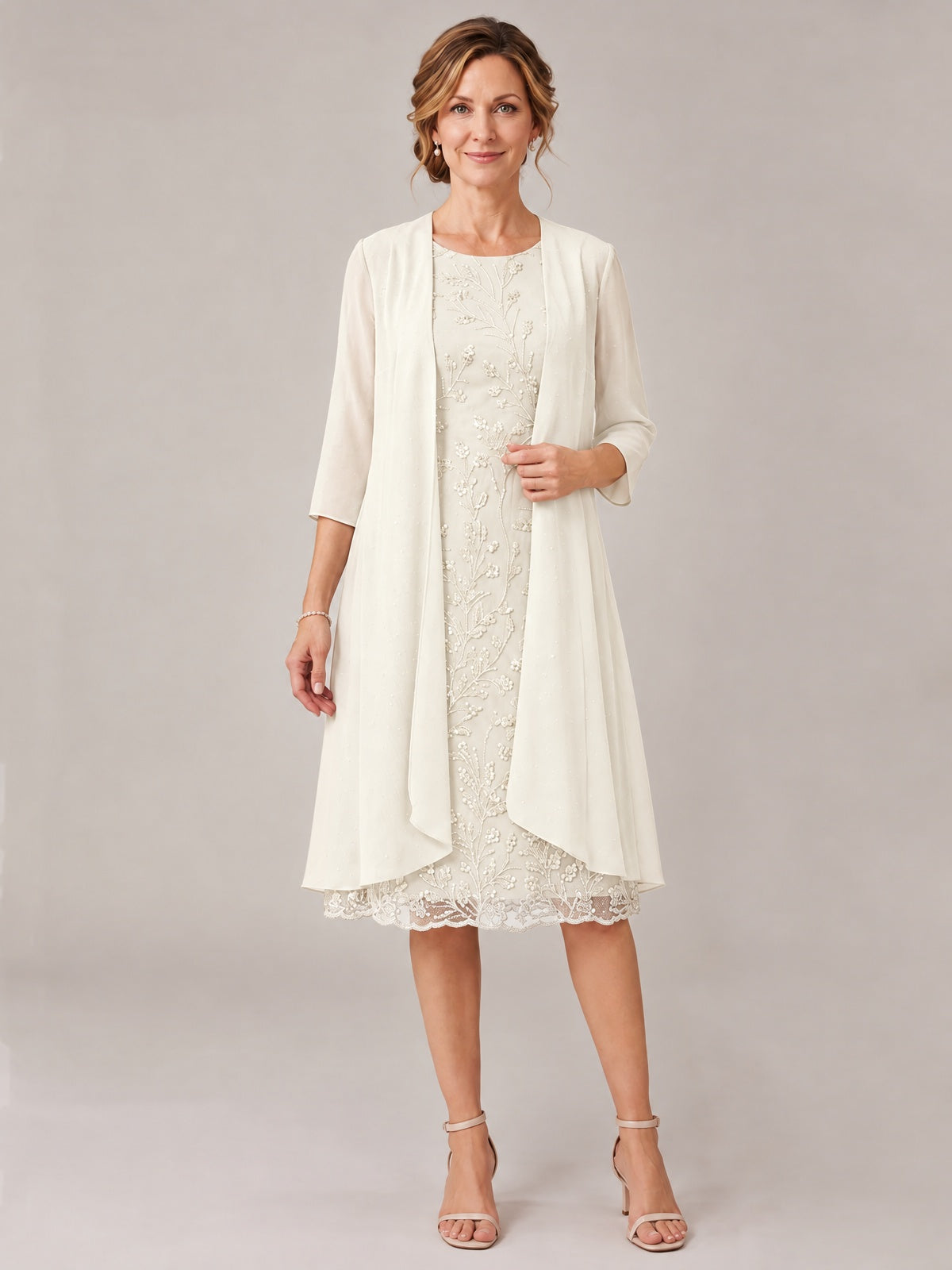 Ivory-2 Piece Lace Appliques Chiffon Mother of The Bride Dress with Sequin