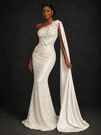 Gold Sequin One Shoulder Mermaid Prom Dress with Cape
