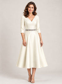 Ivory V-Neck Tea-Length Mother of the Bride Dress with Embellished Waist