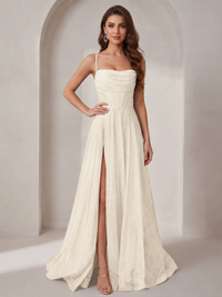 Sparkly Cowl Neck Corset Long Prom Dress with Slit A-line Tulle Ball Gown