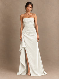 Black and White Strapless Ruched Prom Dress with High Slit & Side Drape