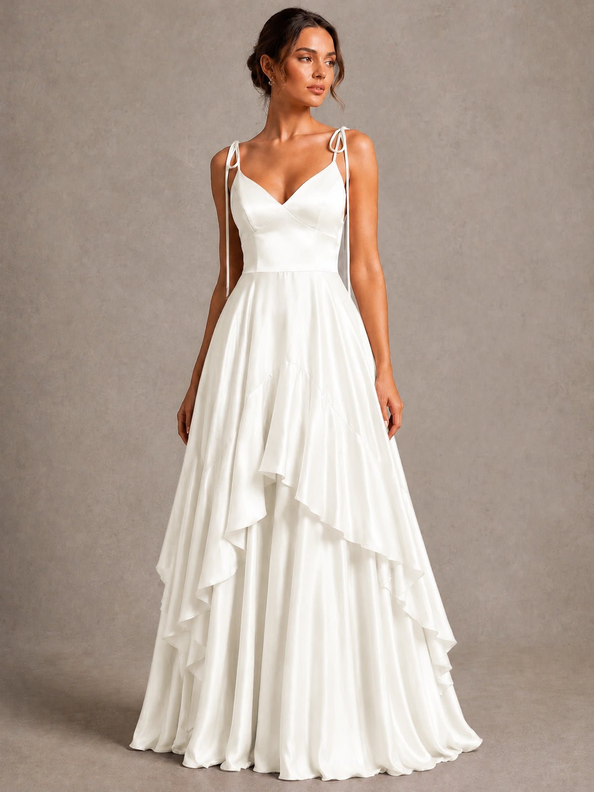 Lavender Satin V-Neck Ruffle Maxi Dress
