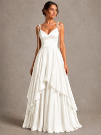 Lavender Satin V-Neck Ruffle Maxi Dress