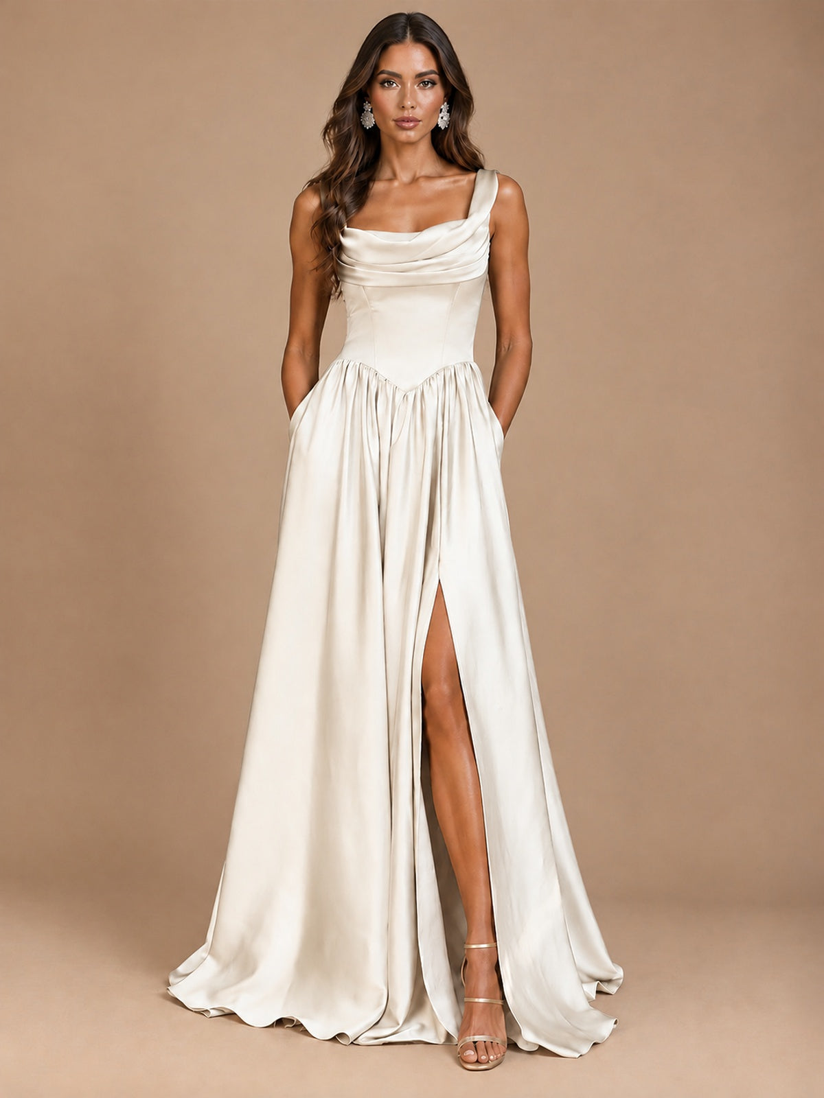 Cowl Neck Pleated Satin Prom Dress with Pockets & Slit Maxi Formal Gowns