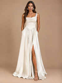 Cowl Neck Pleated Satin Prom Dress with Pockets & Slit Maxi Formal Gowns