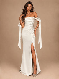 Off The Shuolder Satin Prom Dress Slit Mermaid Formal Gowns