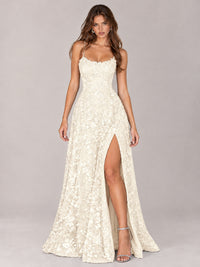 Floral Lace A-Line Prom Dress with Spaghetti Straps & High Slit
