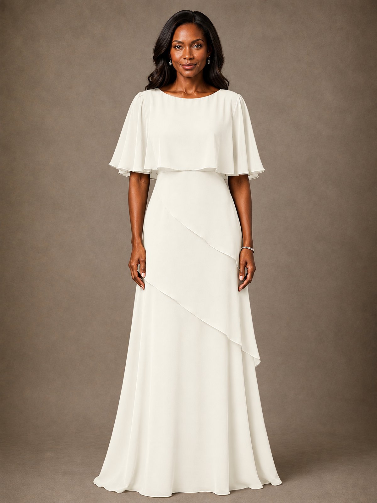 Taupe Chiffon A-Line Mother of the Bride Dress with Cape Sleeves