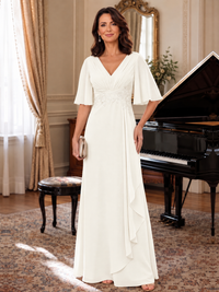 Ivory V-Neck Chiffon Lace Mother of the Bride Dresses with Flutter Sleeve A-line Long Ruffled Evening Formal Wedding Guest Gown