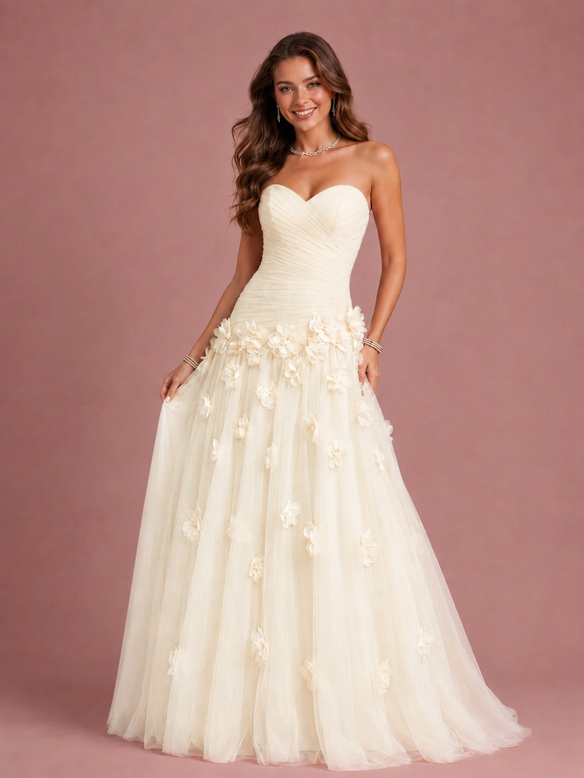 Blush Pink Strapless Sweetheart 3D Floral Tulle Ball Gown Prom Dres