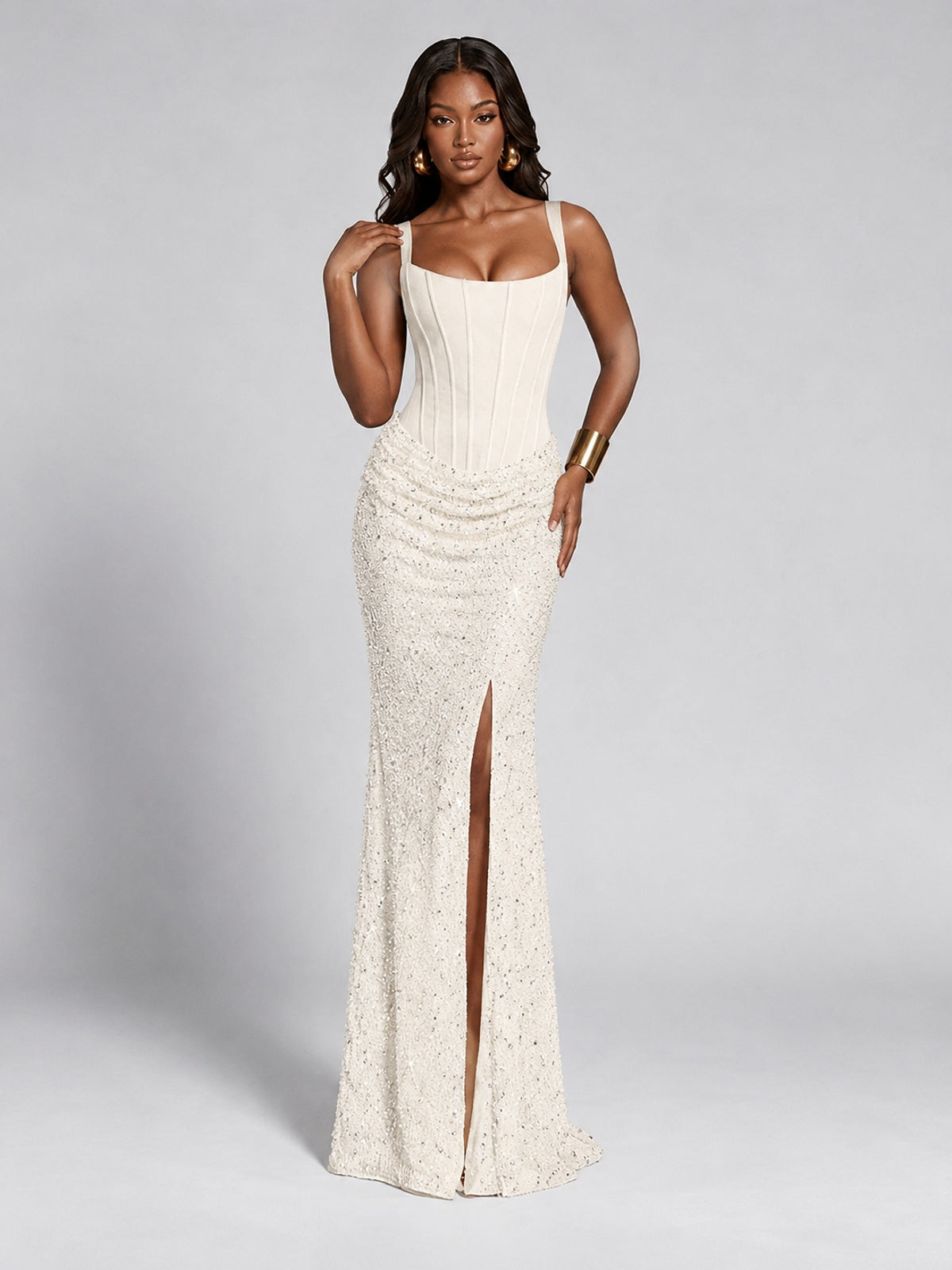Sequin Corset Mermaid Prom Dress with Square Neck Wide Strap High Slit