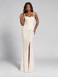 Sequin Corset Mermaid Prom Dress with Square Neck Wide Strap High Slit