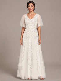 Ivory V-Neck Sequin Tulle Mother of the Bride Dress with Flutter Sleeve A-line Evening Formal Wedding Guest Dress