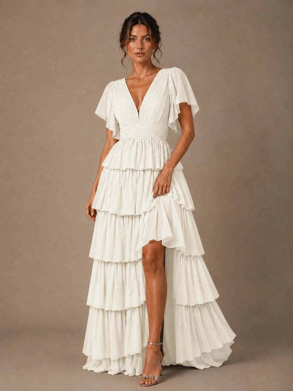 Chiffon V-Neck Tiered Ruffle Bridesmaid Dress with Slit